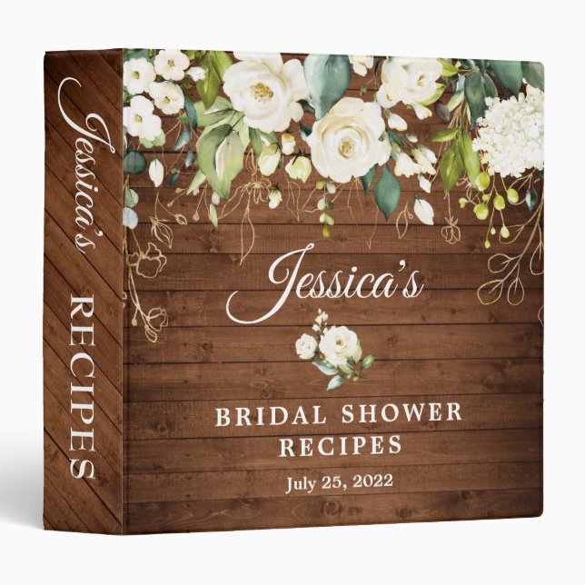 White Roses Floral Bridal Shower Recipe Binder (Front/Spine)