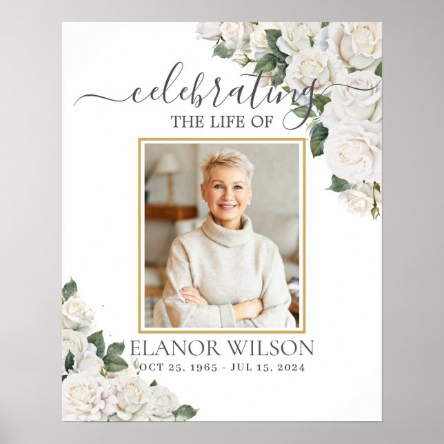 White Roses Floral Celebration of Life Photo Poster (Front)