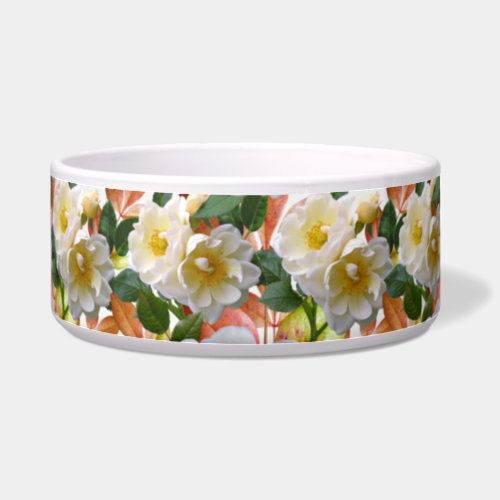 White Roses Floral Ceramic Pet Bowl