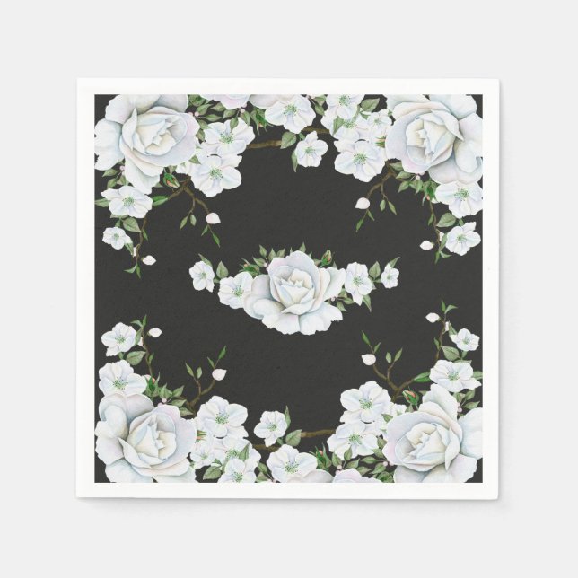 White Roses Floral & Charcoal Grey Bridal Shower Napkins (Front)