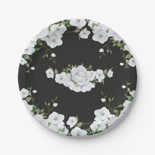 White Roses Floral  Charcoal Grey Bridal Shower Paper Plates
