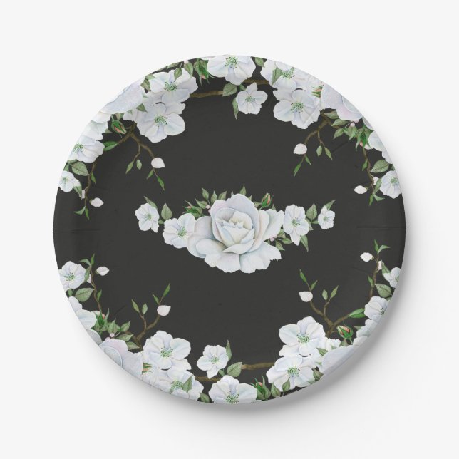 White Roses Floral & Charcoal Grey Bridal Shower Paper Plates (Front)