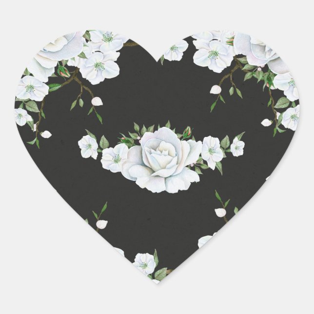 White Roses Floral & Charcoal Grey Elegant Favor Heart Sticker (Front)
