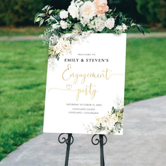 White Roses Floral Engagement Party Foam Board (Creator Uploaded)
