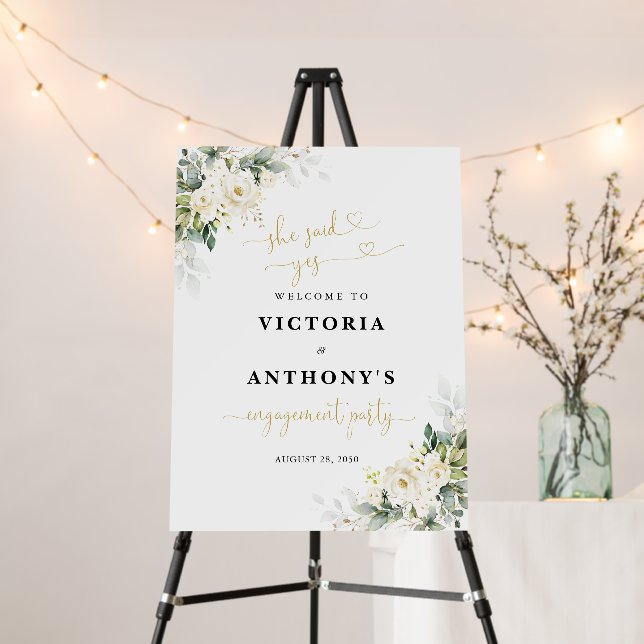 White Roses Floral Engagement Party Foam Board (In Situ (Stand))