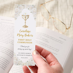 White Roses Floral First Holy Communion Chalice Bookmarks