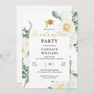 White Roses Floral Frame Graduation Party Invitation