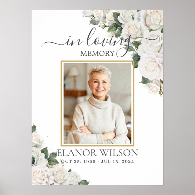 White Roses Floral Funeral Memorial Picture Photo Poster (Front)