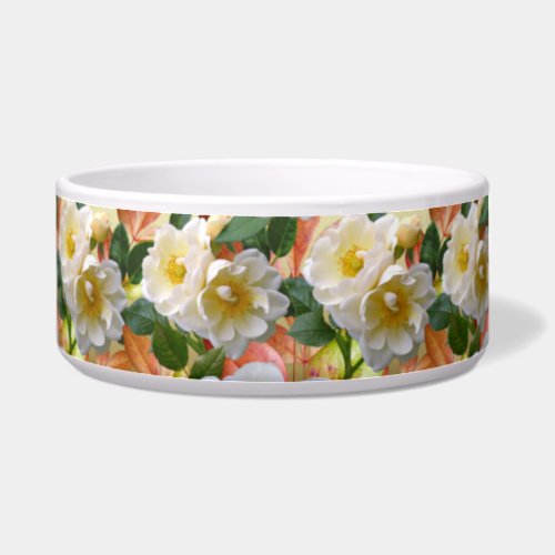 White Roses Floral Gold Ceramic Pet Bowl