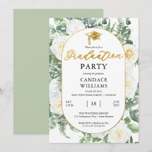 White Roses Floral Gold Frame Graduation Party Invitation