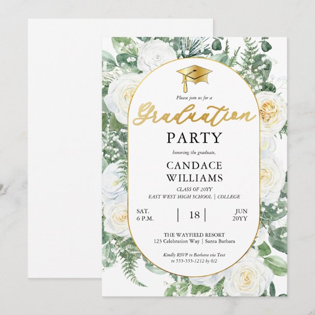 White Roses Floral Gold Frame Graduation Party Invitation (Front/Back)