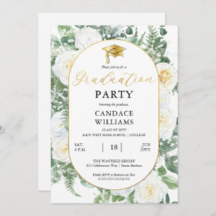 White Roses Floral Gold Frame Graduation Party Invitation