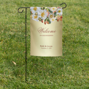 White Roses Floral Gold Garden Flag