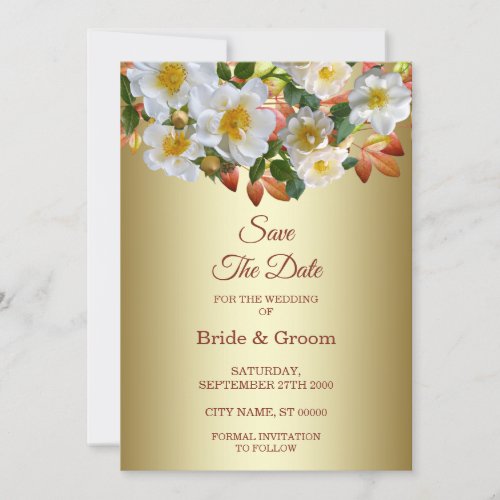 White Roses Floral Gold Save The Date