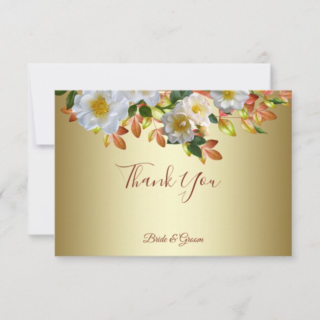 White Roses Floral Gold Thank You Card (Front)