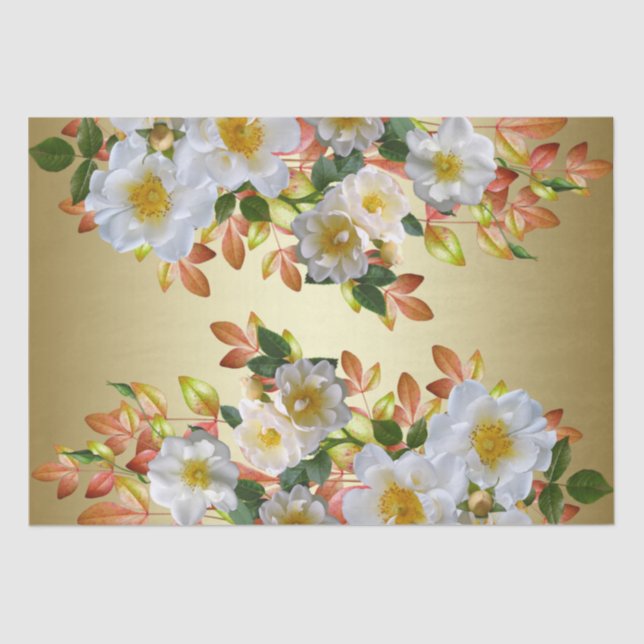 White Roses Floral Gold Tissue Paper (Front)