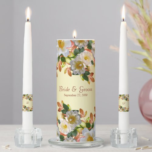 White Roses Floral Gold Unity Candle Set