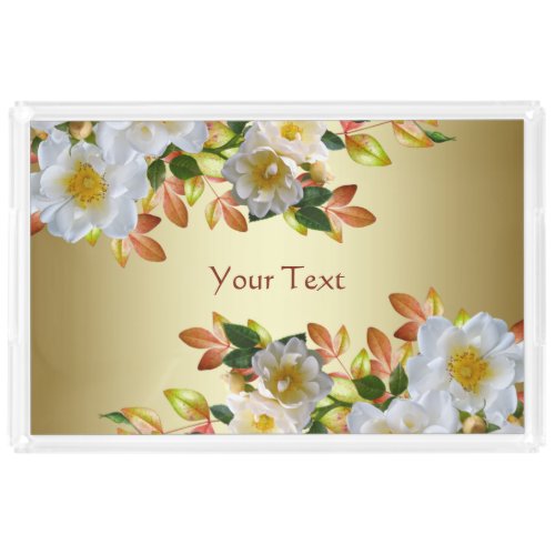 White Roses Floral Gold Vanity Tray