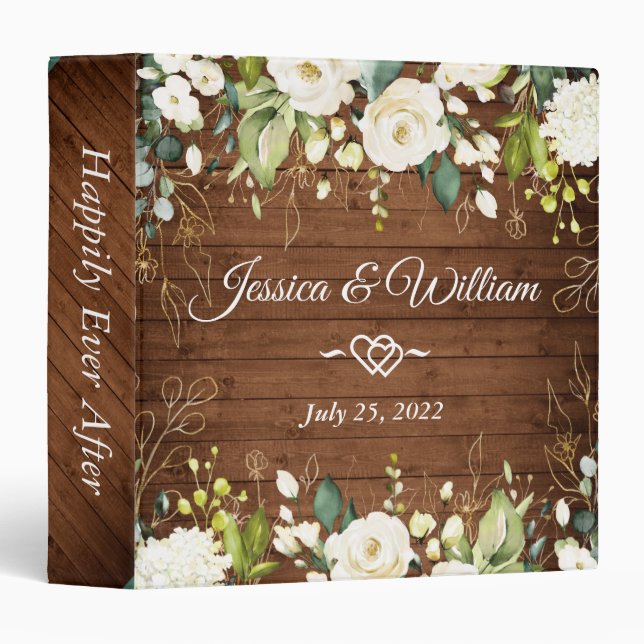 White Roses Floral Greenery Custom Wedding Binder (Front/Spine)