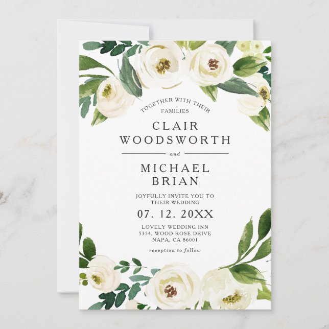White Roses Floral Greenery Wedding Invitation (Front)