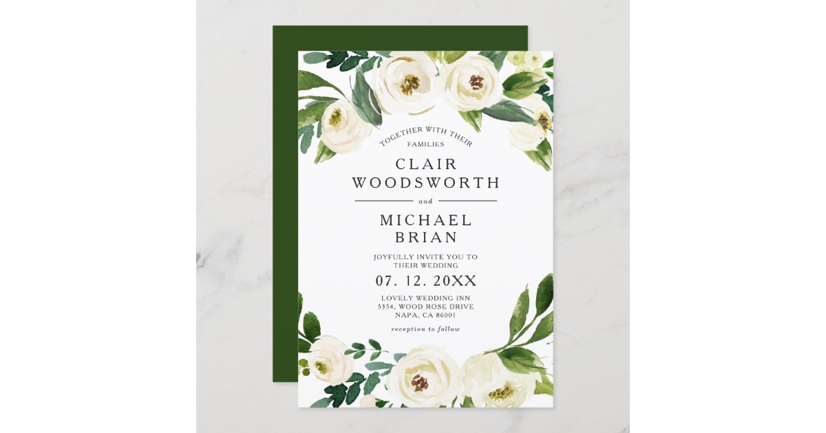 White Roses Floral Greenery Wedding Invitation | Zazzle