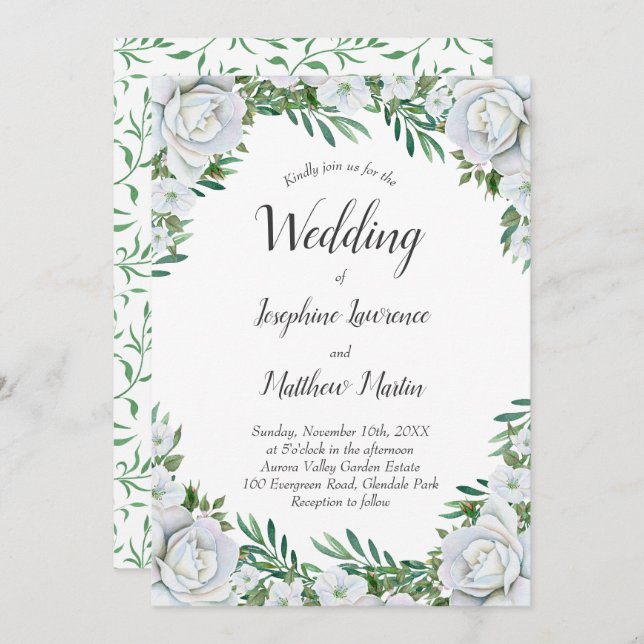 White Roses Floral Greenery Wedding Invitations (Front/Back)