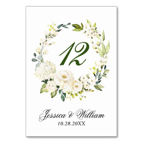White Roses Floral Greenery Wedding Table Number