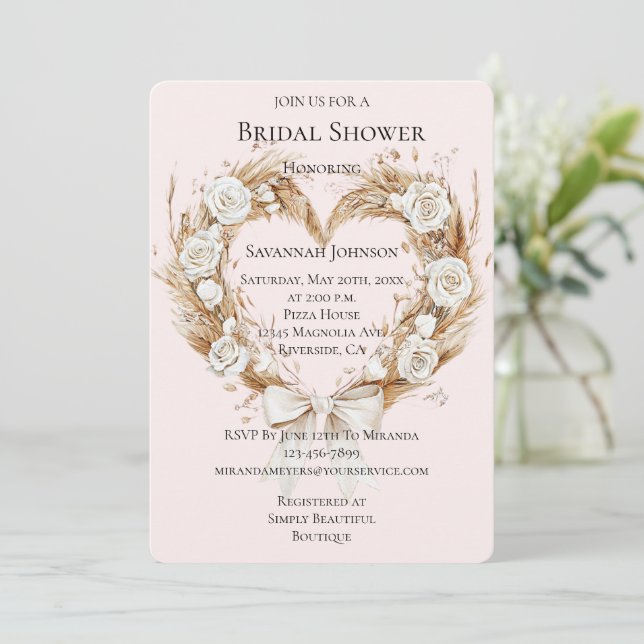 White Roses Floral Heart Bow Bridal Shower Invitation (Standing Front)