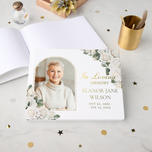 White Roses Floral Memorial Funeral Photo Picture Foil Guest Book (Front Open)