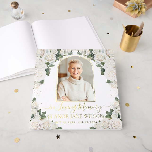 White Roses Floral Memorial Funeral Photo Picture  Foil Guest Book (Front Open)