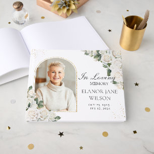 White Roses Floral Memorial Funeral Photo Picture Guest Book