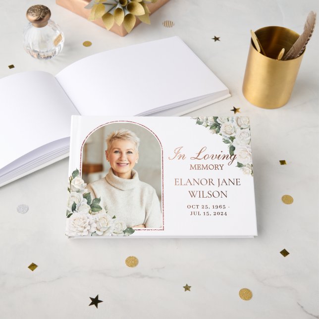White Roses Floral Memorial Funeral Picture Photo Foil Guest Book (Front Open)