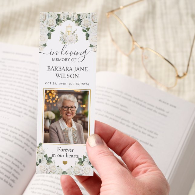 White Roses Floral Photo Funeral Memorial Bookmark (Hand)