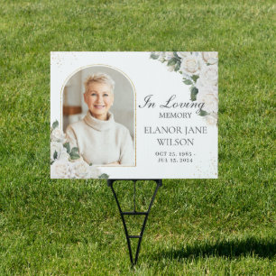 White Roses Floral Photo Funeral Memorial Garden Sign