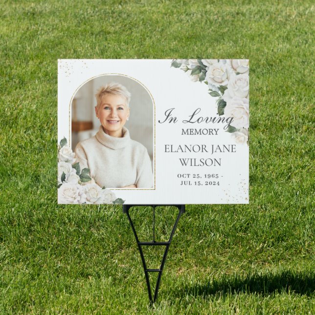 White Roses Floral Photo Funeral Memorial Garden  Sign (Insitu)