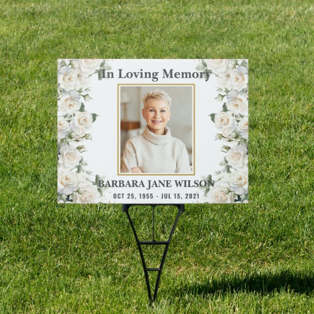 White Roses Floral Photo Funeral Memorial Garden  Sign (Insitu)