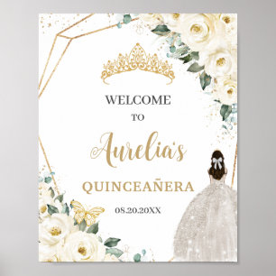 White Roses Floral Quinceañera 15 Birthday Welcome Poster