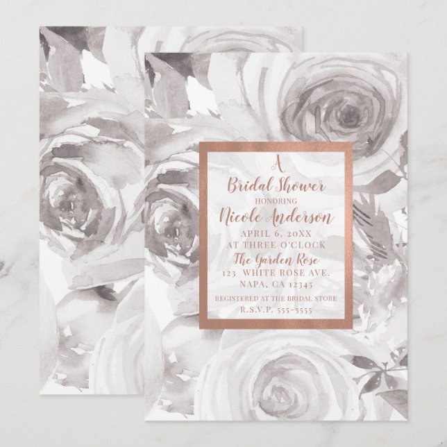 White Roses Floral Rose Modern Chic Bridal Shower Invitation (Front/Back)