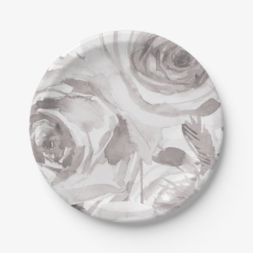 White Roses Floral Rose Modern Elegant Wedding Paper Plates