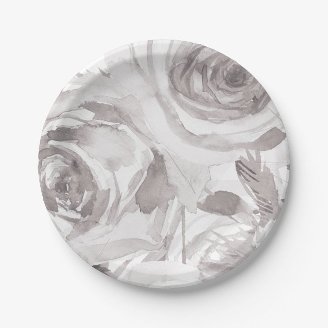 White Roses Floral Rose Modern Elegant Wedding Paper Plates (Front)