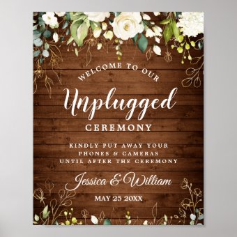 White Roses Floral Unplugged Wedding Ceremony Poster | Zazzle