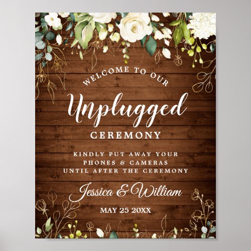 White Roses Floral Unplugged Wedding Ceremony Poster
