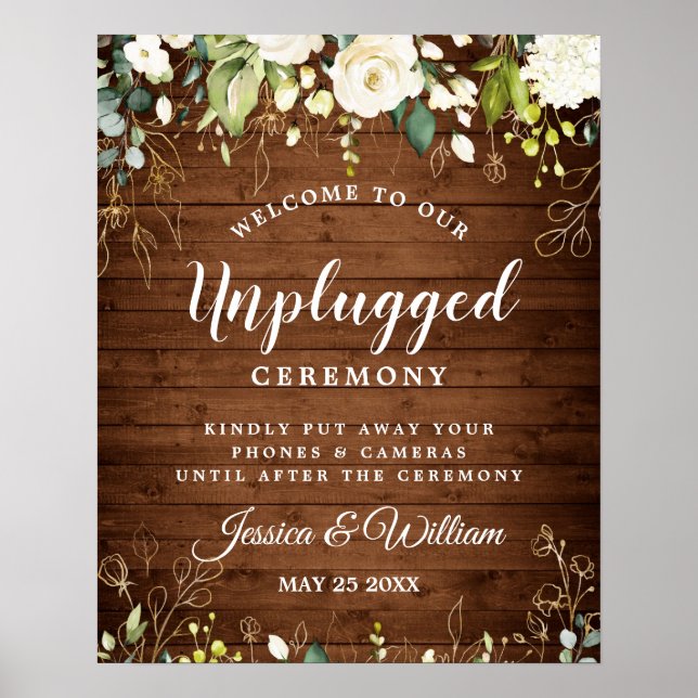White Roses Floral Unplugged Wedding Ceremony Poster (Front)