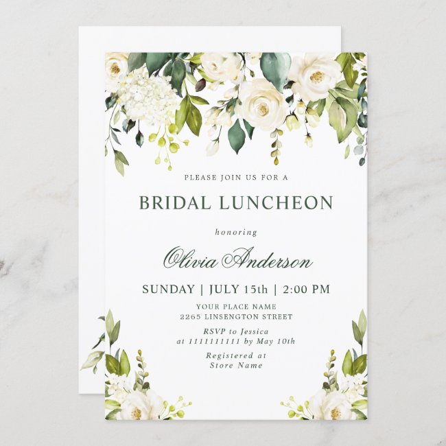 White Roses Floral  Watercolor BRIDAL LUNCHEON Invitation