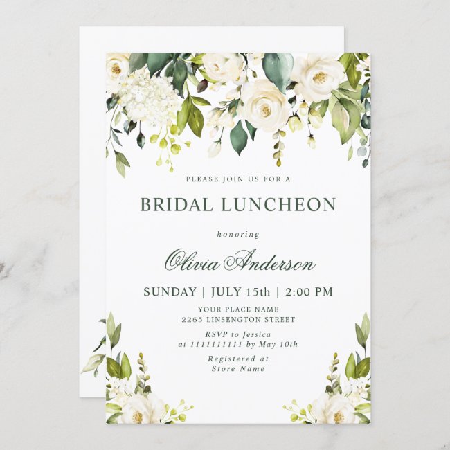 White Roses Floral Watercolor BRIDAL LUNCHEON Invitation