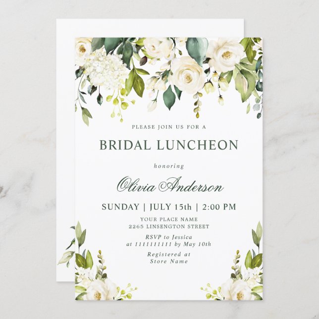 White Roses Floral  Watercolor BRIDAL LUNCHEON Invitation (Front/Back)