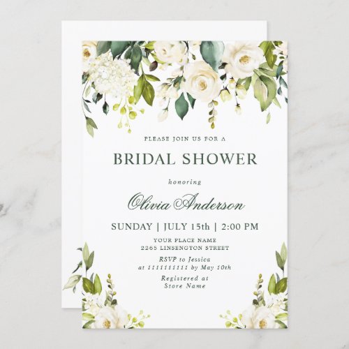 White Roses Floral  Watercolor BRIDAL SHOWER Invitation