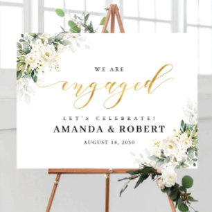 White Roses Floral We Are Engaged Foam Board