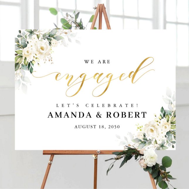 White Roses Floral We Are Engaged Foam Board (Creator Uploaded)