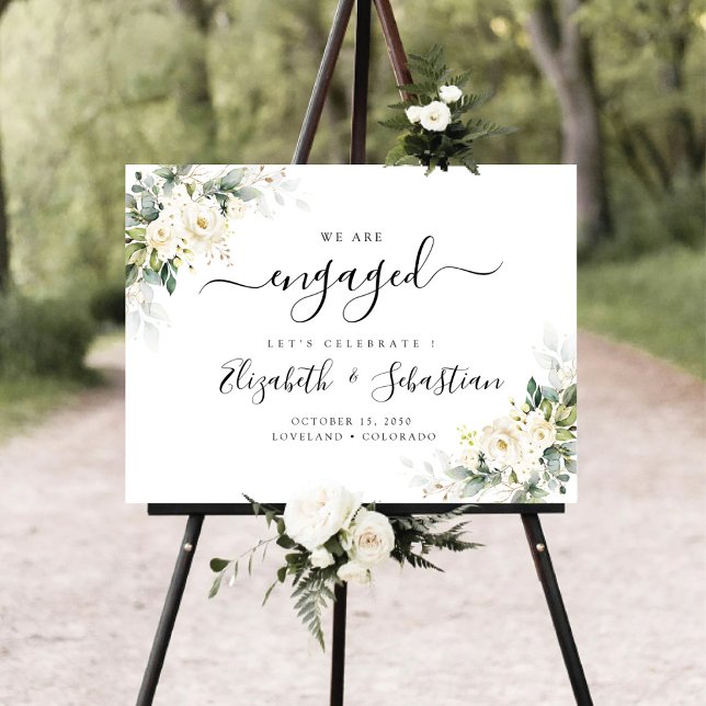 White Roses Floral We Are Engaged Foam Board (Creator Uploaded)